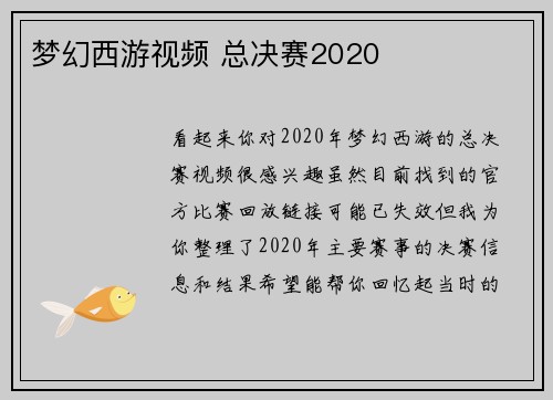 梦幻西游视频 总决赛2020